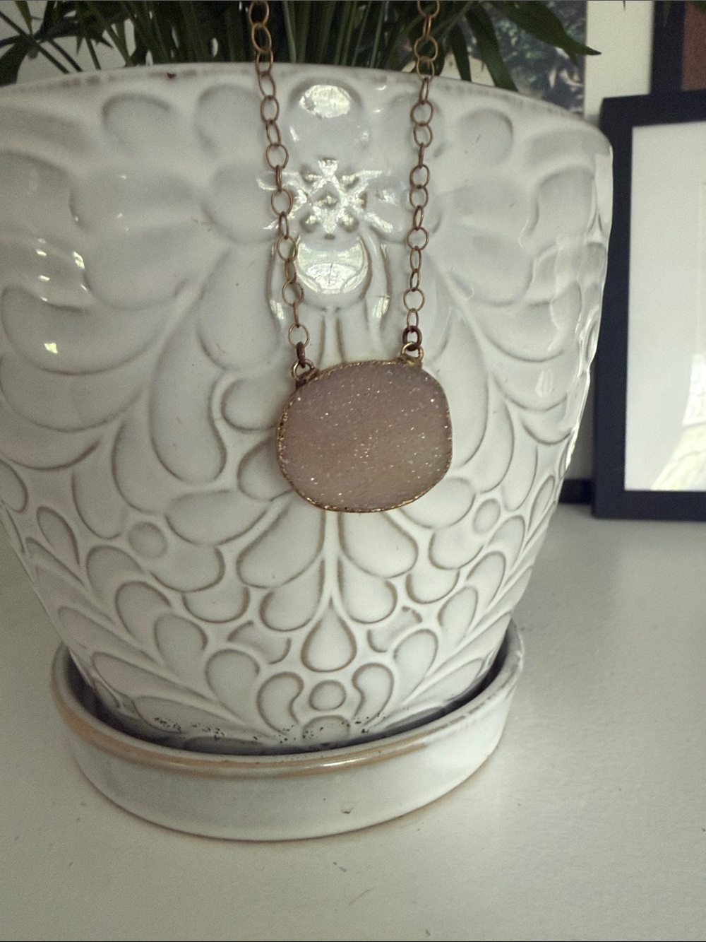 Champagne Druzy Quartz Pendant on Circle Link Goldtone Chain - Picture 3 of 10